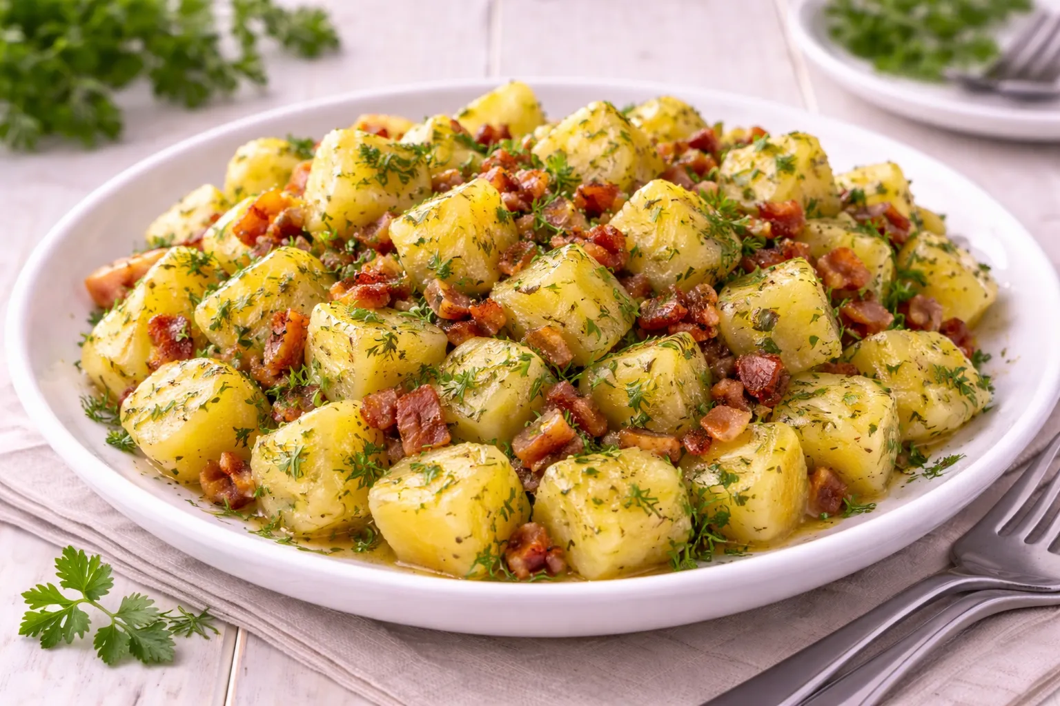 Würzkartoffeln mit ausgelassenem Speck, Petersilie und Dill auf weißem Teller angerichtet