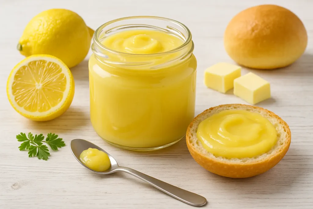  Cremiger Zitronenaufstrich im Glas, dekoriert mit frischen Zitronen, Butter und Brötchenhälfte.