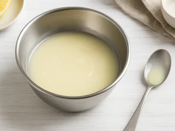 Zitronenglasur in einer Edelstahlschale, cremig angerührt und bereit zum Überziehen von Kuchen oder Gebäck