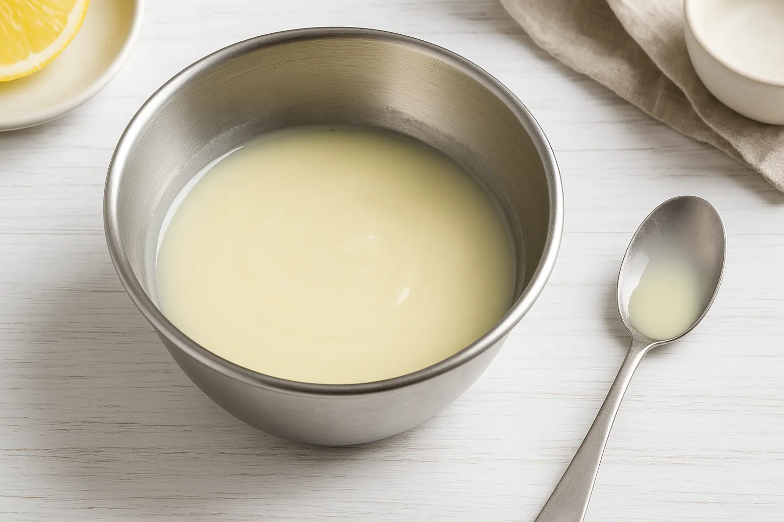 Zitronenglasur in einer Edelstahlschale, cremig angerührt und bereit zum Überziehen von Kuchen oder Gebäck