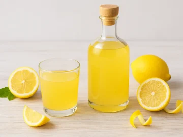 Zitronenlikör in einer Flasche und einem Glas, umgeben von frischen Zitronen und Zitronenschalen, auf weißem Holz mit hellem Hintergrund.