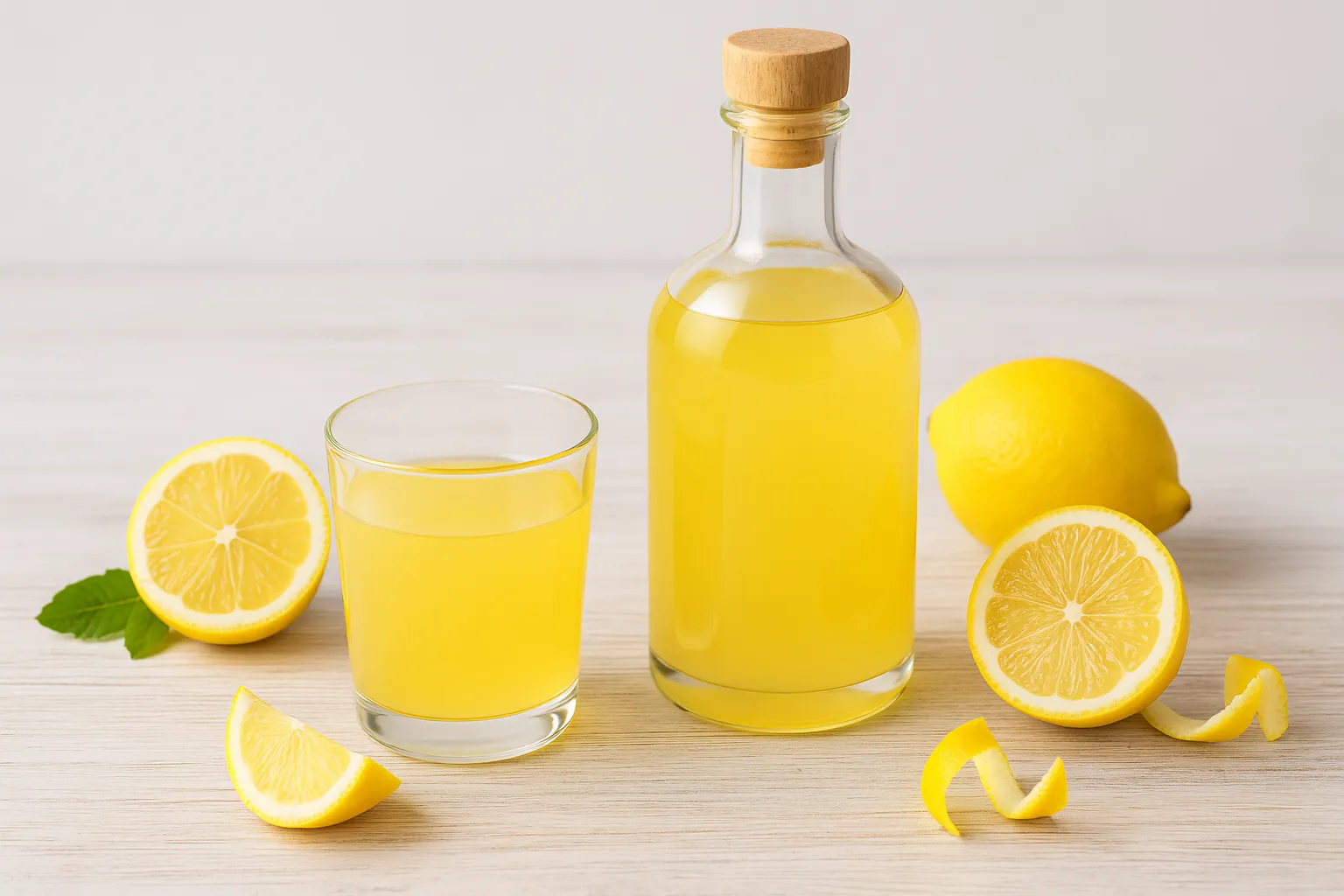 Zitronenlikör in einer Flasche und einem Glas, umgeben von frischen Zitronen und Zitronenschalen, auf weißem Holz mit hellem Hintergrund.