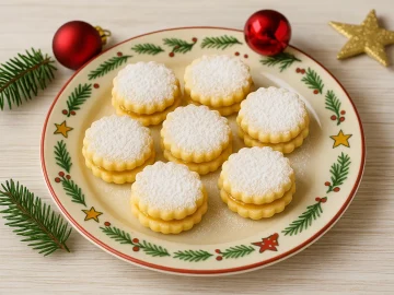 Zitronenplätzchen mit Konfitüre gefüllt und Puderzucker bestreut, angerichtet auf einem Weihnachtsteller mit festlicher Deko