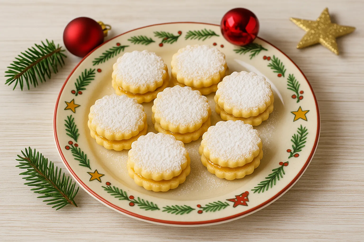Zitronenplätzchen mit Konfitüre gefüllt und Puderzucker bestreut, angerichtet auf einem Weihnachtsteller mit festlicher Deko