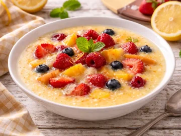 Zitronensuppe mit Früchten in einer weißen Schüssel auf rustikalem Holztisch