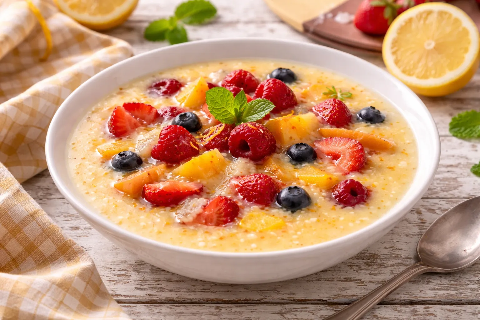 Zitronensuppe mit Früchten in einer weißen Schüssel auf rustikalem Holztisch