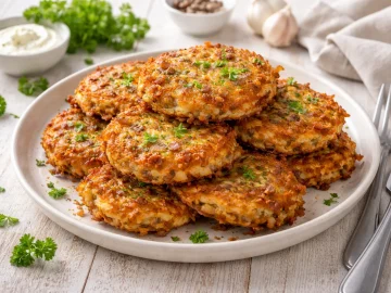 Goldbraune Kartoffelpuffer mit Hackfleisch auf weißem Teller mit Kräutern dekoriert