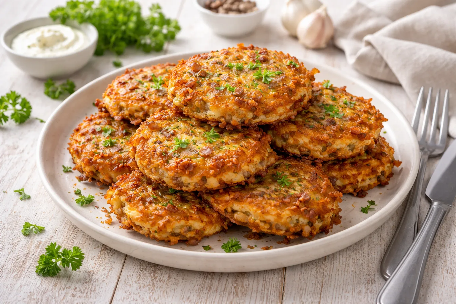 Goldbraune Kartoffelpuffer mit Hackfleisch auf weißem Teller mit Kräutern dekoriert