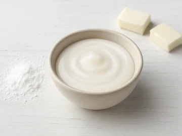 Weiße Zucker-Fett-Glasur in kleiner Schale auf weißem Holzhintergrund