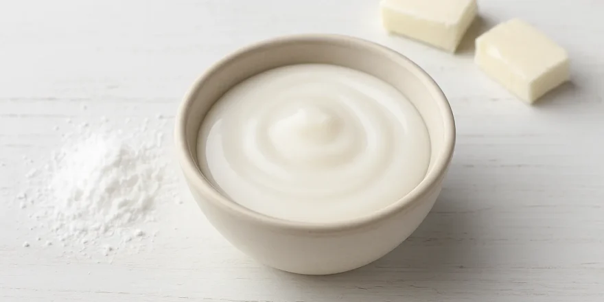 Weiße Zucker-Fett-Glasur in kleiner Schale auf weißem Holzhintergrund