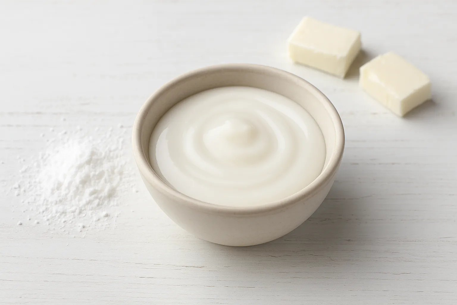 Weiße Zucker-Fett-Glasur in kleiner Schale auf weißem Holzhintergrund