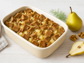 Zwieback-Birnen-Auflauf in heller Auflaufform, goldbraun überbacken, dekoriert mit Birnenstücken und Nüssen