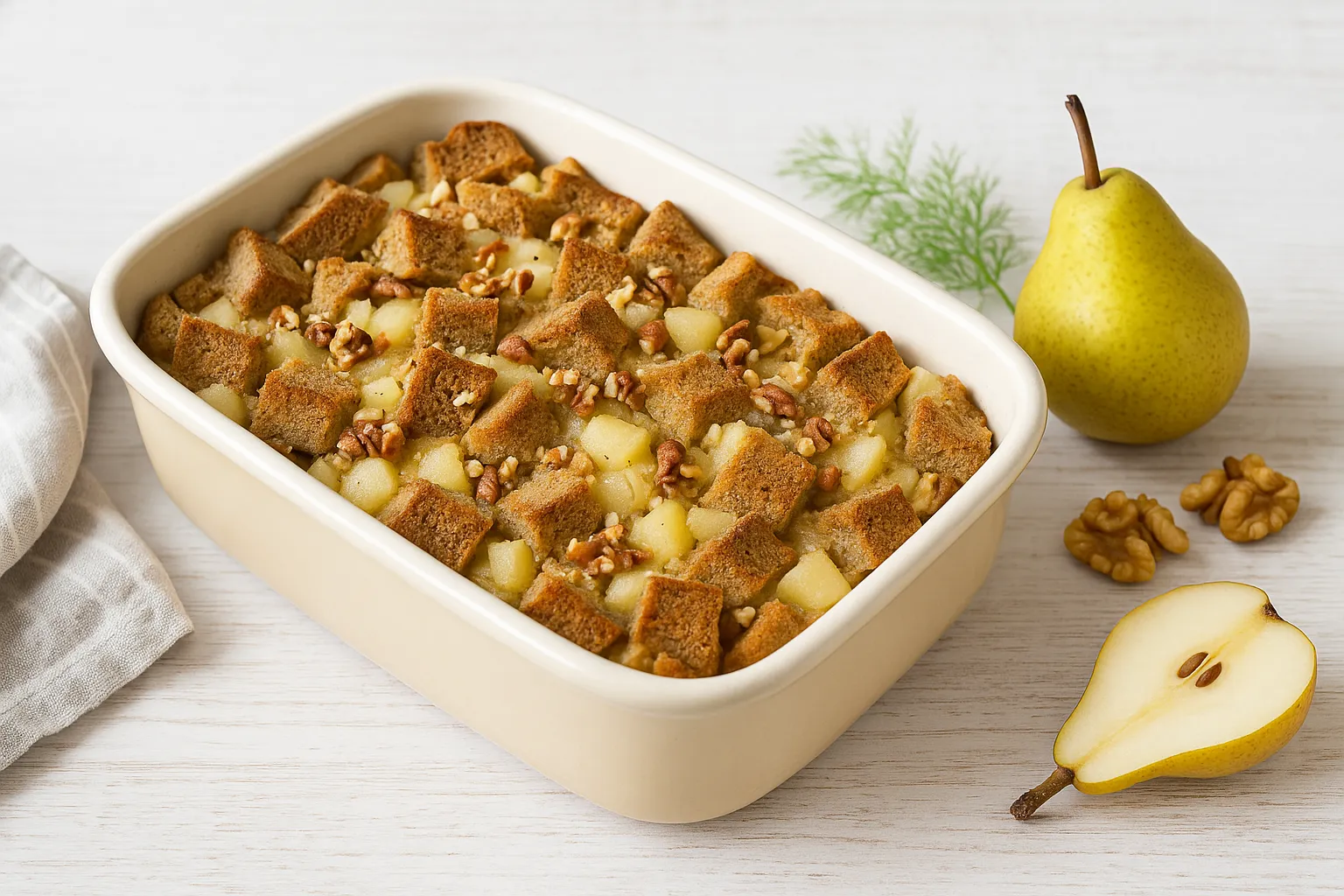 Zwieback-Birnen-Auflauf in heller Auflaufform, goldbraun überbacken, dekoriert mit Birnenstücken und Nüssen