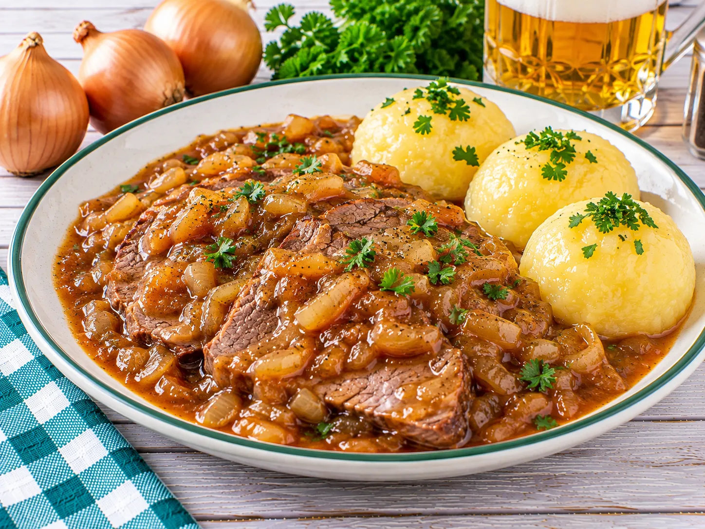 Geschmortes Zwiebelfleisch nach Sachsenart mit Rindfleisch, Zwiebelsauce und Kartoffelklößen.