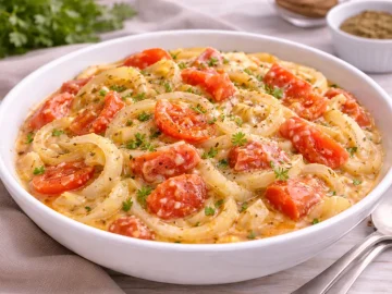 Zwiebelgemüse mit Zwiebelringen, Tomatenscheiben und cremiger Soße in weißer Schüssel auf hellem Holztisch.