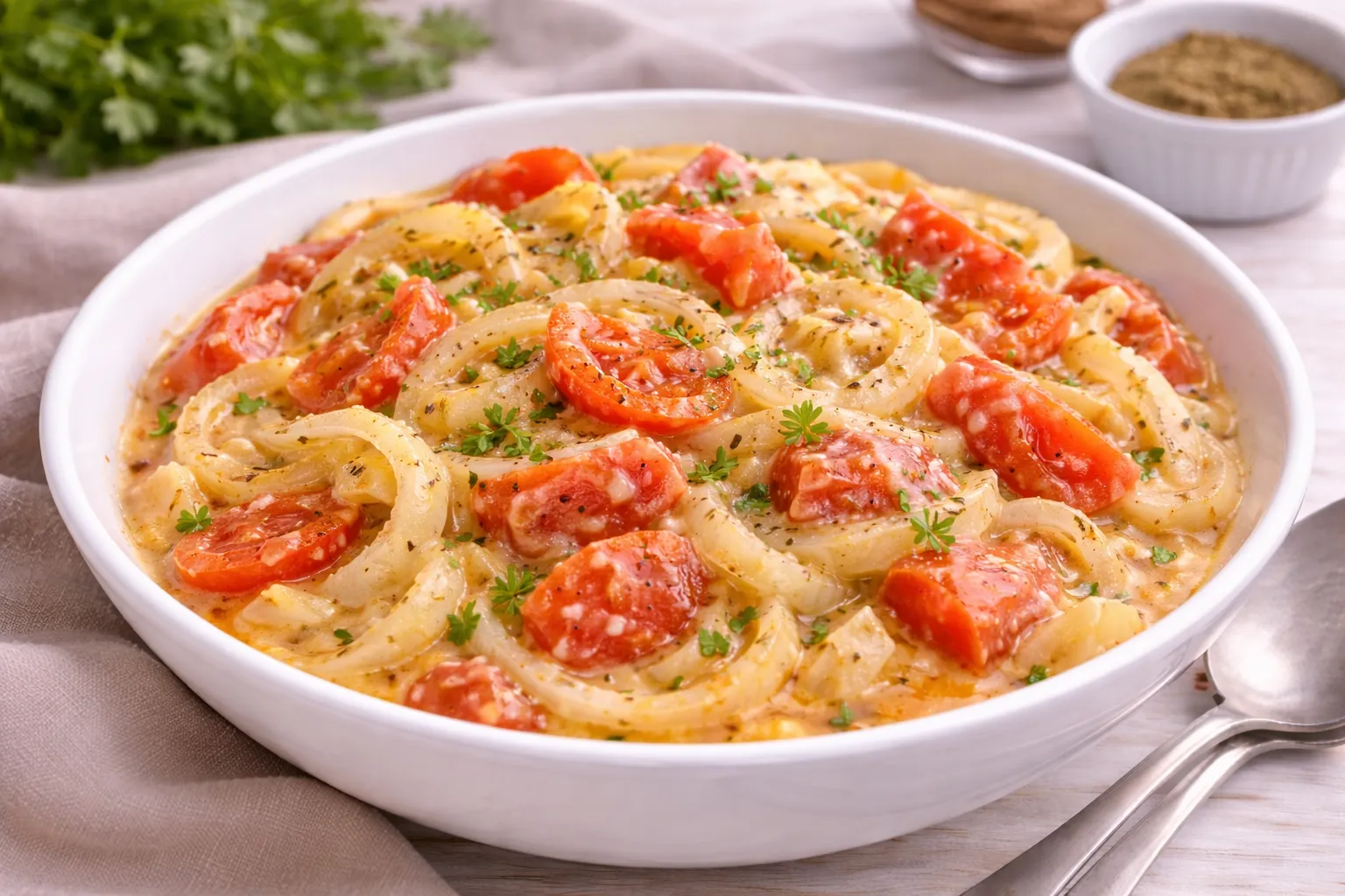 Zwiebelgemüse mit Zwiebelringen, Tomatenscheiben und cremiger Soße in weißer Schüssel auf hellem Holztisch.