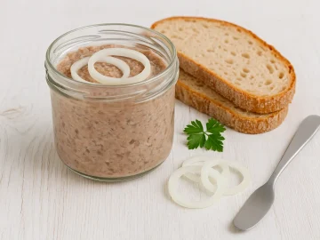 Zwiebelleberwurst in Glas, daneben frisches Bauernbrot und Zwiebelringe auf hellem Holztisch