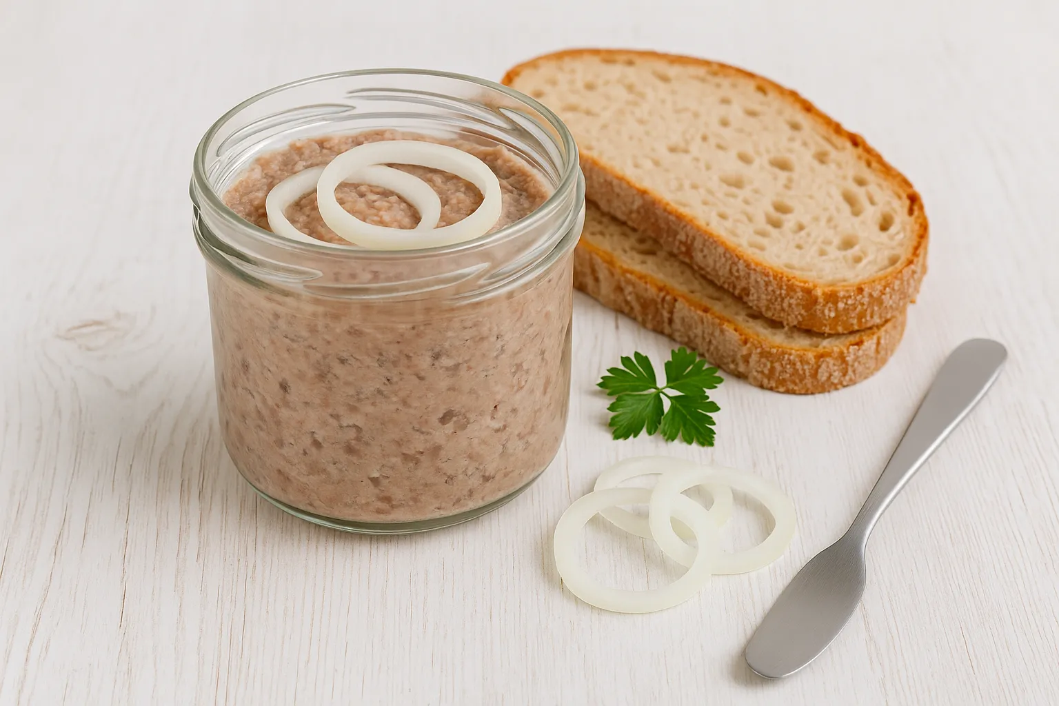 Zwiebelleberwurst in Glas, daneben frisches Bauernbrot und Zwiebelringe auf hellem Holztisch
