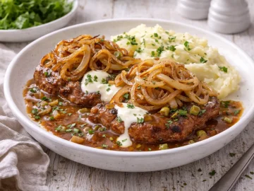 Zwiebelrostbraten mit Bratensoße und Zwiebeln auf weißem Teller mit Kartoffelbrei auf weißem Holzhintergrund