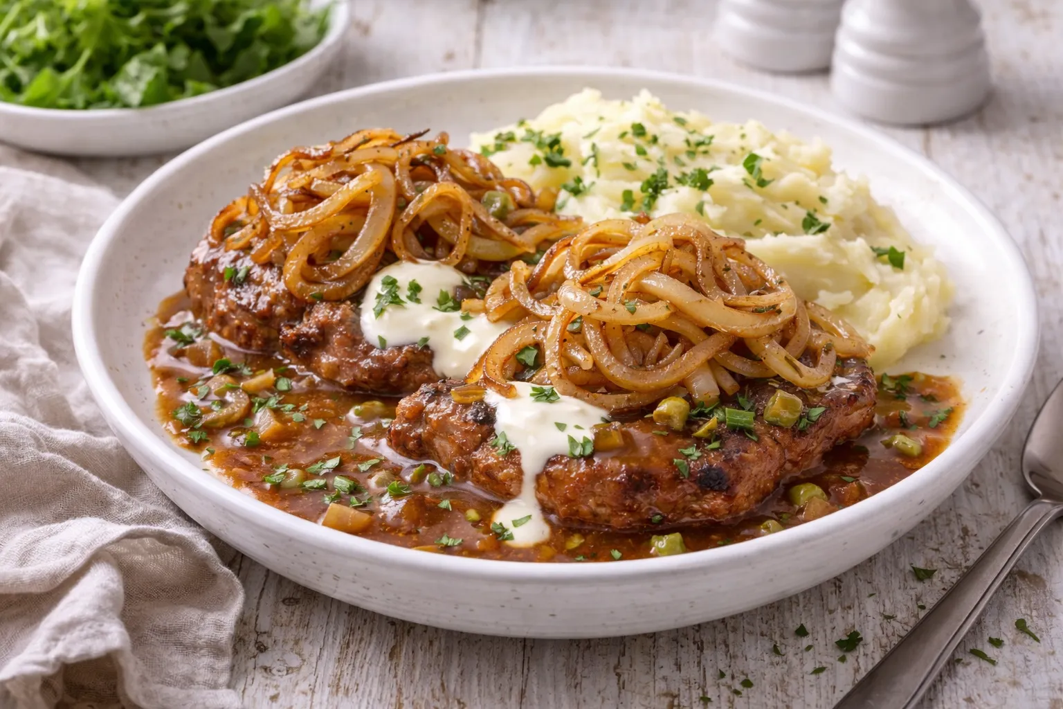 Zwiebelrostbraten mit Bratensoße und Zwiebeln auf weißem Teller mit Kartoffelbrei auf weißem Holzhintergrund