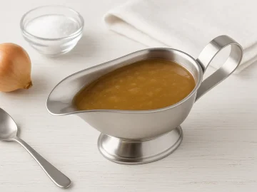 Edelstahlsauciere mit Zwiebelsoße auf hellem Holzuntergrund