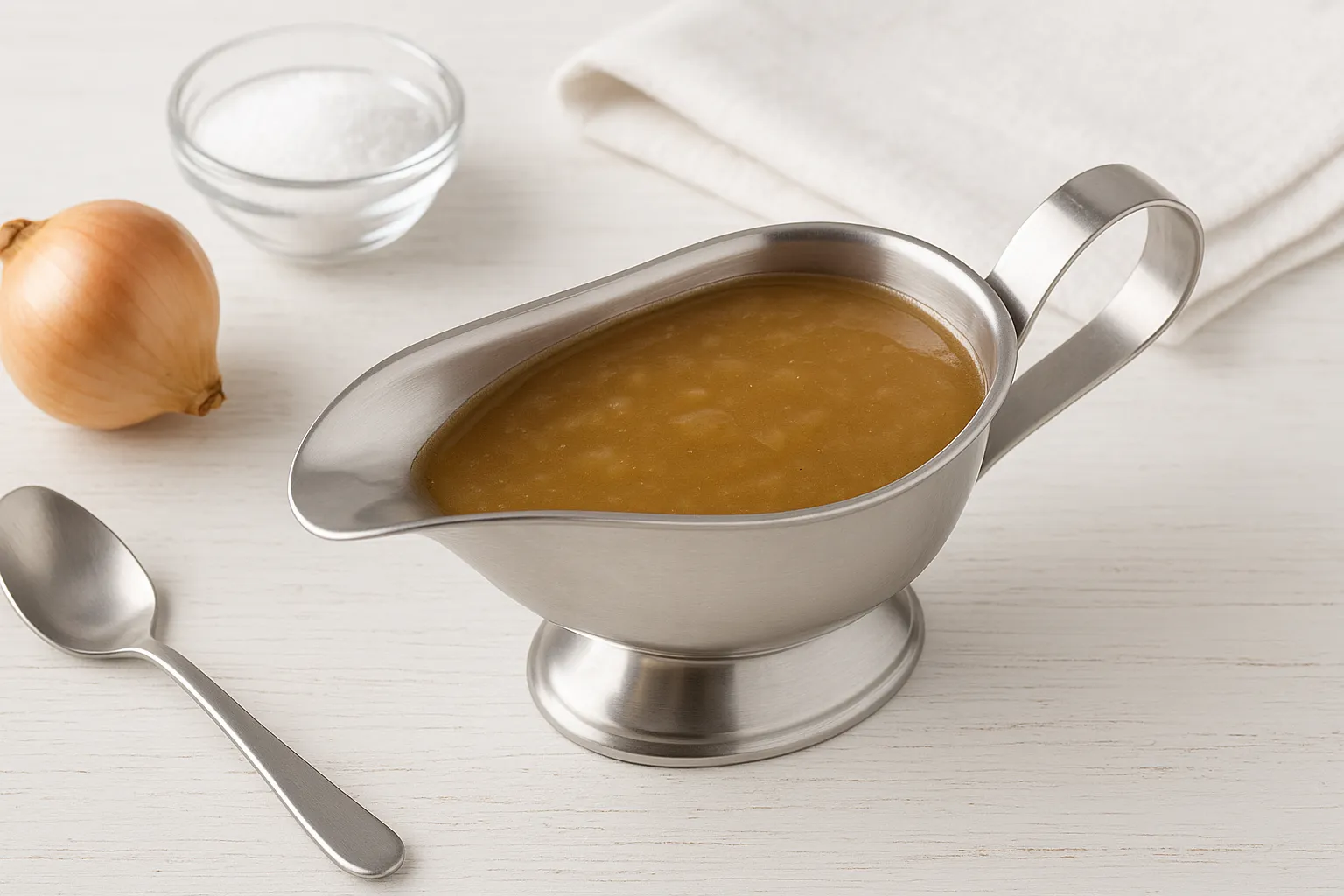 Edelstahlsauciere mit Zwiebelsoße auf hellem Holzuntergrund