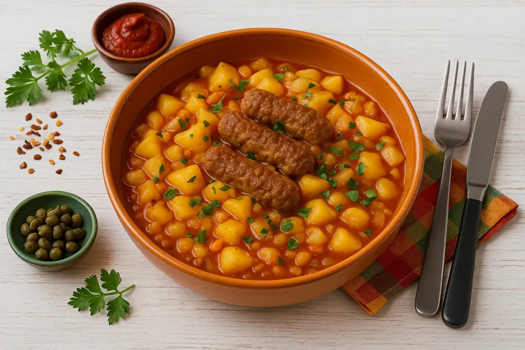  Zwiebeltopf vom Balkan mit Kartoffeln, Zwiebeln und Hackfleisch-Würstchen, serviert in orangefarbener DDR-Schüssel, dekoriert mit Petersilie auf weißem Holztisch.