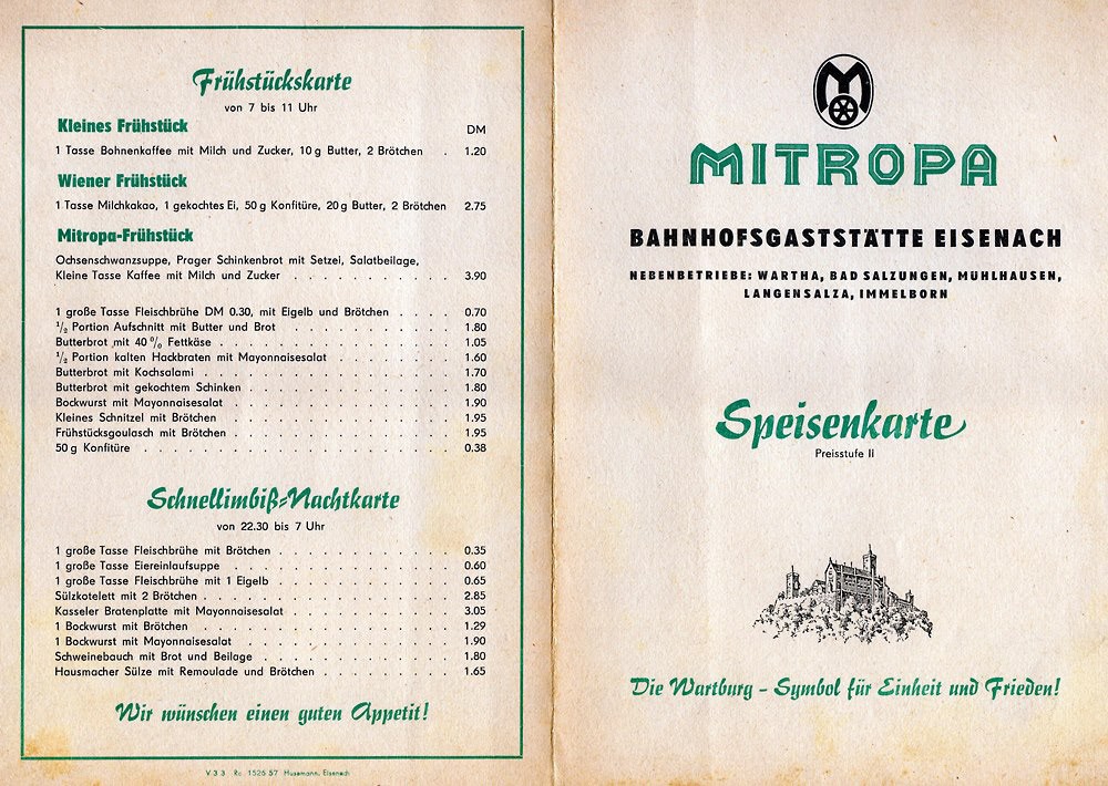 Speisekarte MITROPA Eisenach (1959)