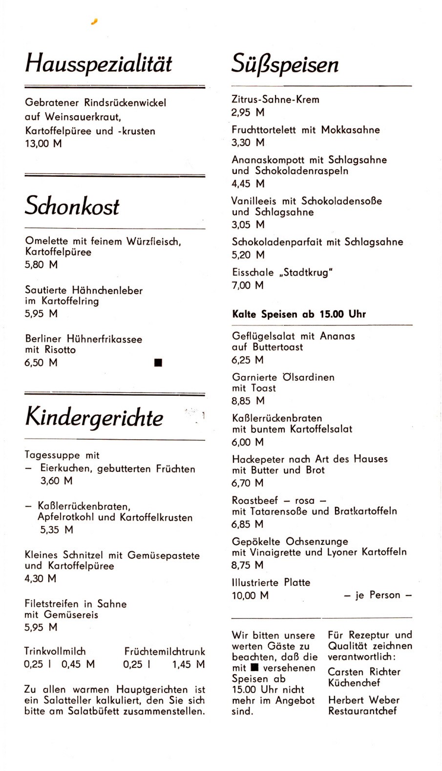 Speisekarte Stadtkrug Ückermünde (1990)