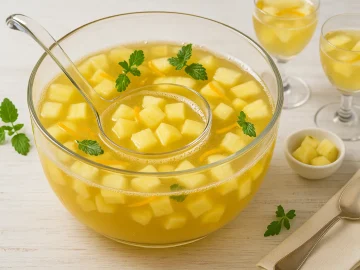 Ananasbowle in einer modernen Glasschüssel mit frischen Ananasstücken und Orangenzesten, serviert auf Holztisch