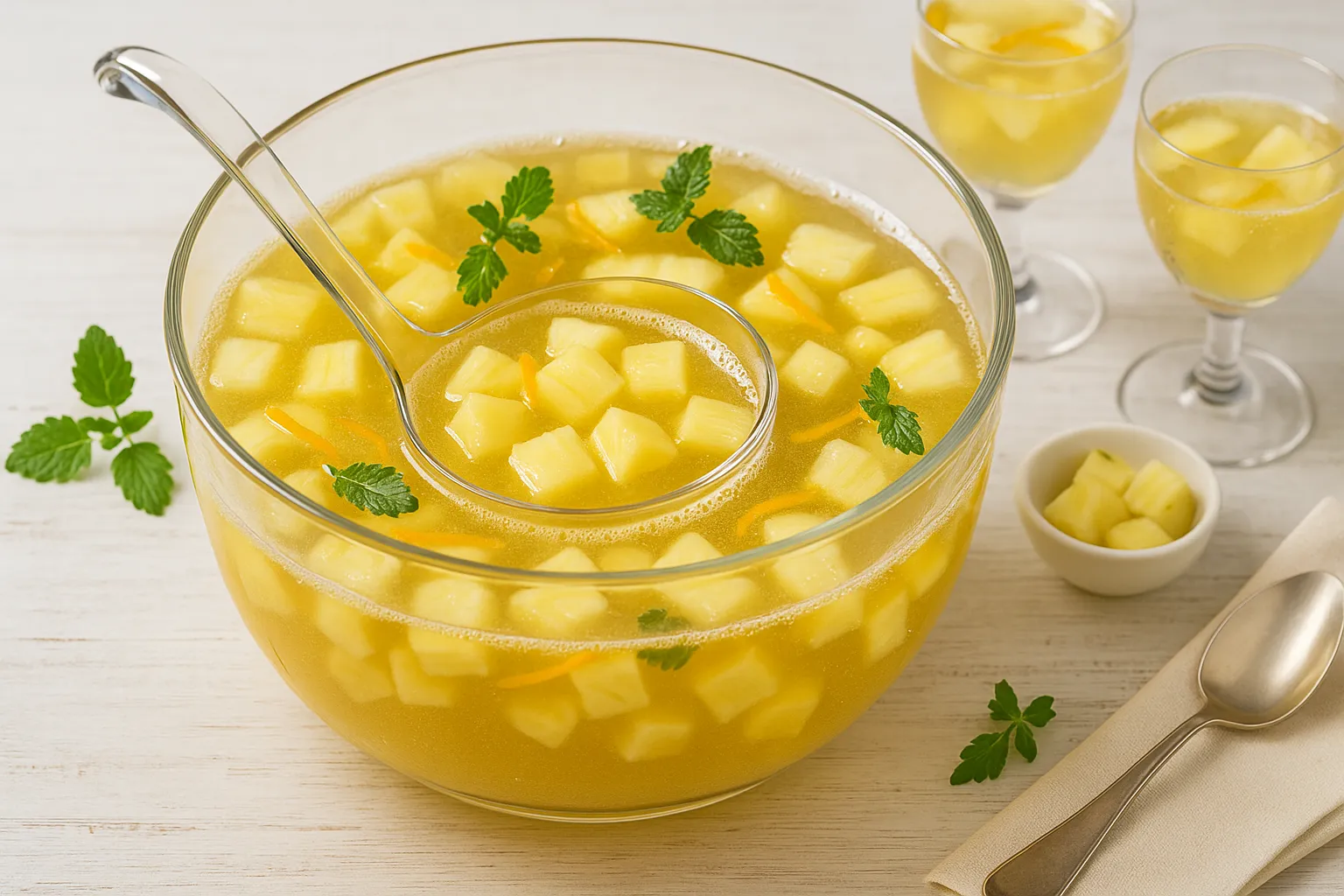 Ananasbowle in einer modernen Glasschüssel mit frischen Ananasstücken und Orangenzesten, serviert auf Holztisch