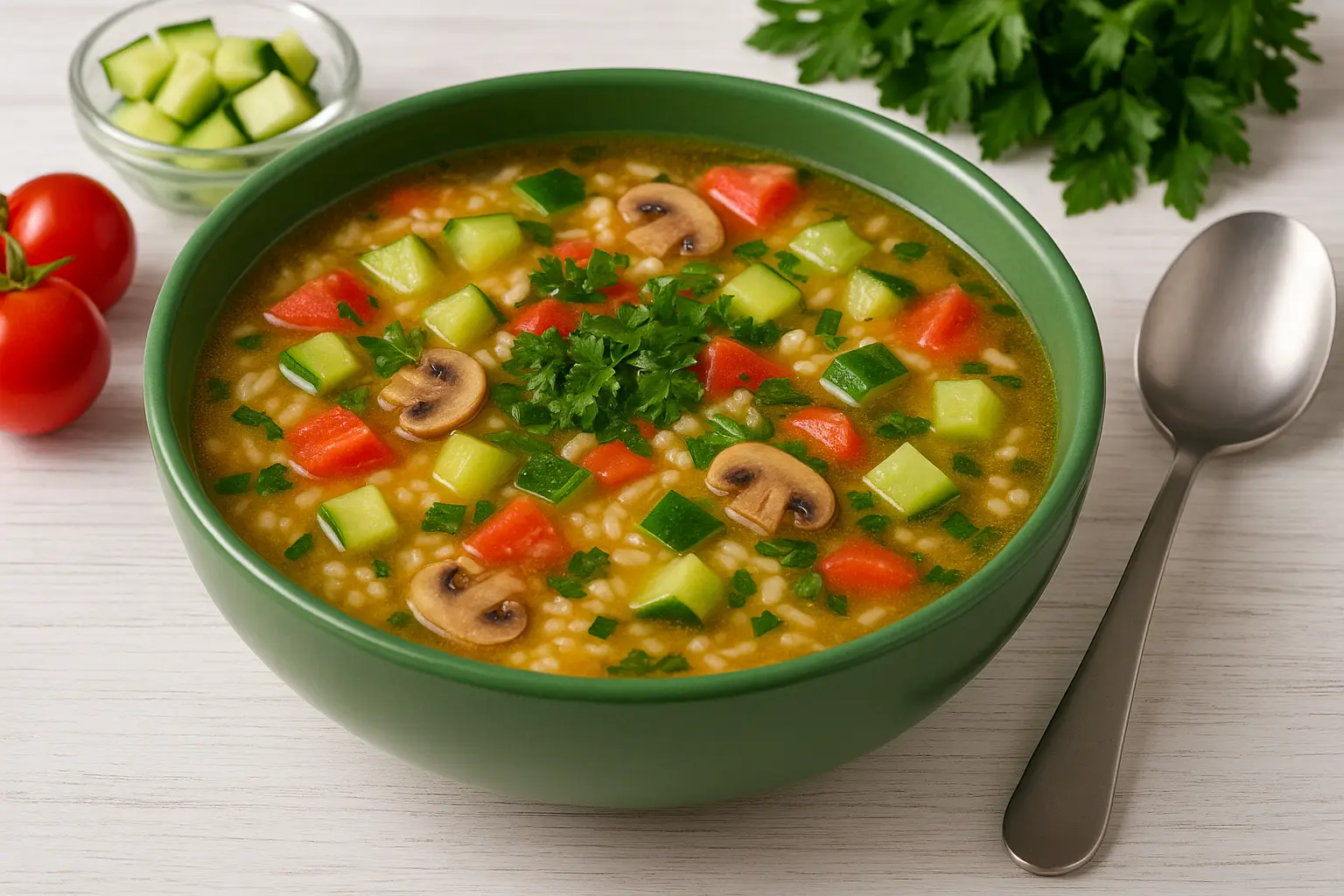 Bulgarischer Gurkentopf mit Reis, Gurken, Tomaten und Pilzen in grüner Schüssel auf weißem Holztisch, dekoriert mit Petersilie.