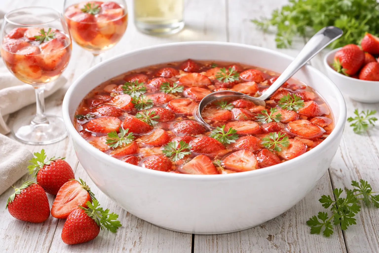 Weiße Bowlenschale mit Erdbeerbowle, Erdbeerstücken und Gläsern auf weißem Holzhintergrund mit sichtbarer Maserung und moderner Tischdeko