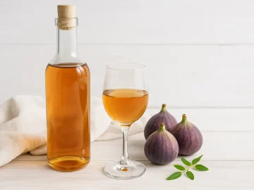 Feigenwein in Glasflasche mit Korken, daneben frische Feigen und Gläser, auf hellem Holztisch