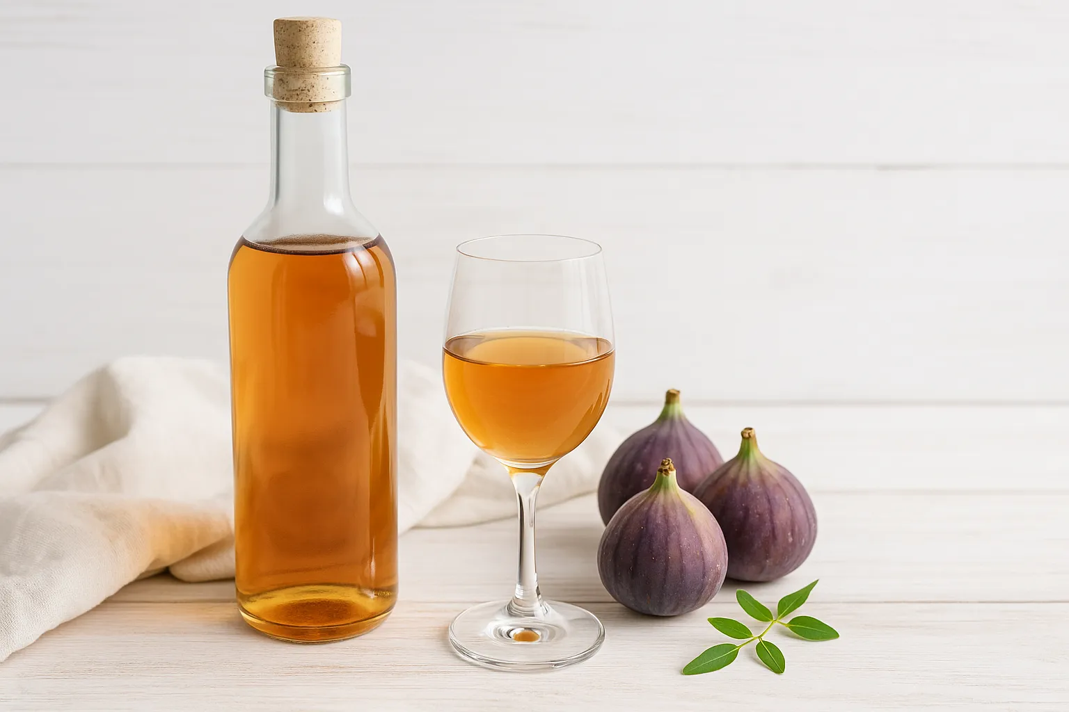 Feigenwein in Glasflasche mit Korken, daneben frische Feigen und Gläser, auf hellem Holztisch