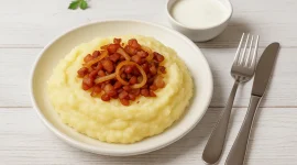 Cremige Muskartoffeln mit goldbraunen Zwiebeln und Speck, serviert mit einem Schälchen Dickmilch auf weißem rustikalen Teller, auf hellem Holzhintergrund.