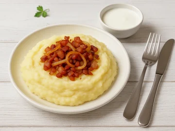 Cremige Muskartoffeln mit goldbraunen Zwiebeln und Speck, serviert mit einem Schälchen Dickmilch auf weißem rustikalen Teller, auf hellem Holzhintergrund.