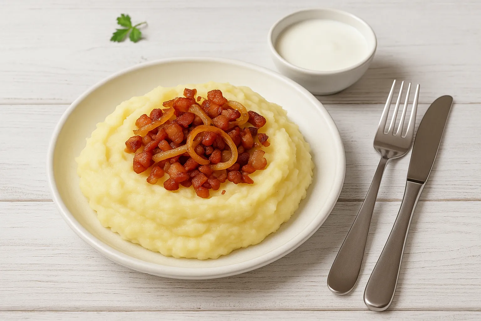 Cremige Muskartoffeln mit goldbraunen Zwiebeln und Speck, serviert mit einem Schälchen Dickmilch auf weißem rustikalen Teller, auf hellem Holzhintergrund.