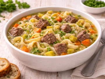 Schüssel Nudelsuppe mit Rindfleischstücken, Bandnudeln und Petersilie auf hellem Holztisch