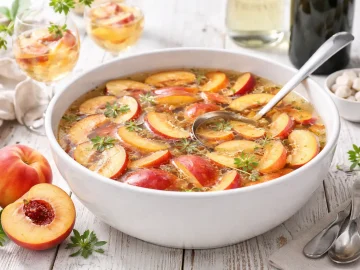 Schale mit Pfirsichbowle und Pfirsichstücken auf weißem Holzhintergrund mit sichtbarer Maserung, dekoriert mit Gläsern und modernem Besteck