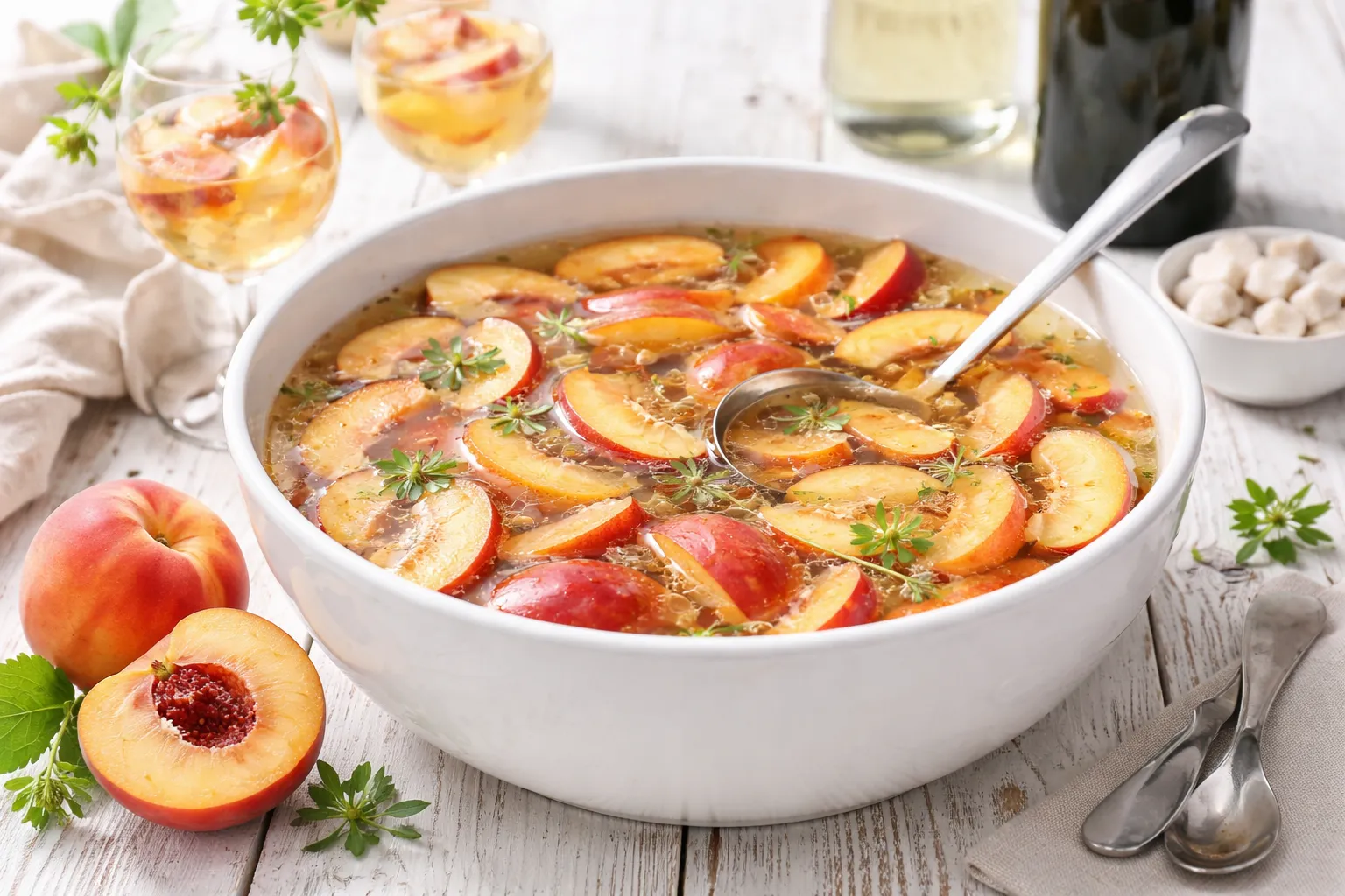 Schale mit Pfirsichbowle und Pfirsichstücken auf weißem Holzhintergrund mit sichtbarer Maserung, dekoriert mit Gläsern und modernem Besteck