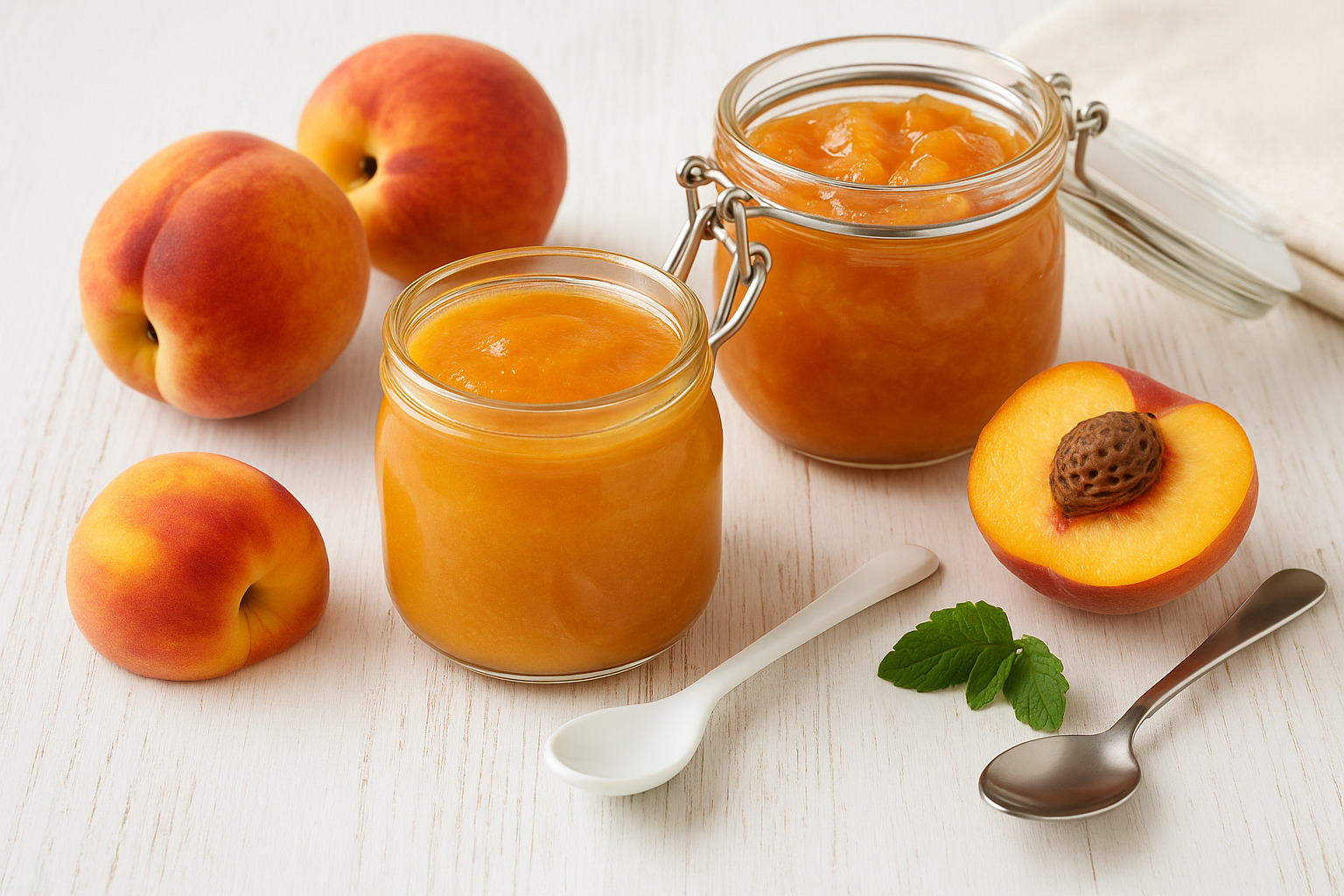 Pfirsichmus und Marmelade in Einmachgläsern, dekoriert mit frischen Pfirsichen und Löffel, auf hellem Holztisch