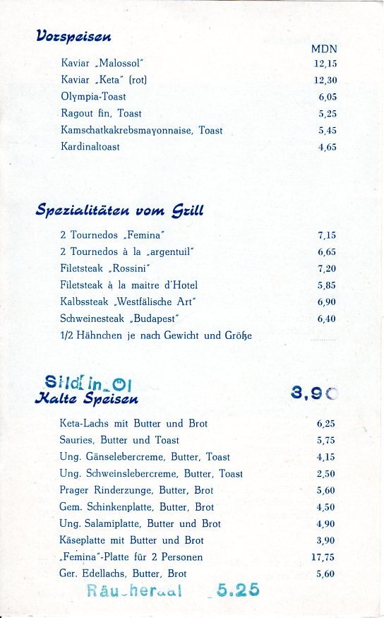 Speisekarte Femina-Bar Leipzig (1967)