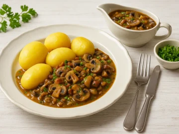 Pilztopf auf erzgebirgische Art mit Pilzen, Speck und Soße über Salzkartoffeln