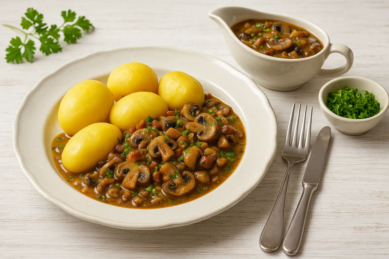 Pilztopf auf erzgebirgische Art mit Pilzen, Speck und Soße über Salzkartoffeln