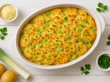 Porreeauflauf mit Kartoffelscheiben und Käsekruste in weißer Form auf hellem Holz