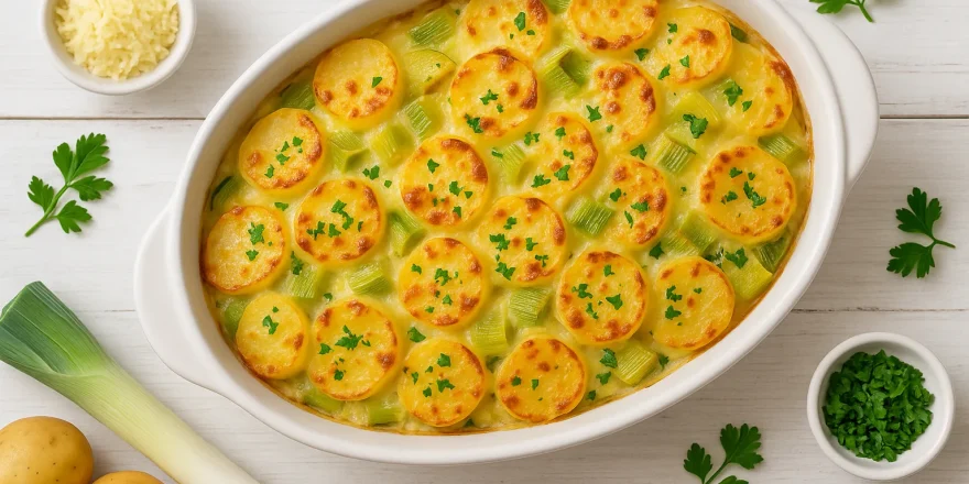 Porreeauflauf mit Kartoffelscheiben und Käsekruste in weißer Form auf hellem Holz