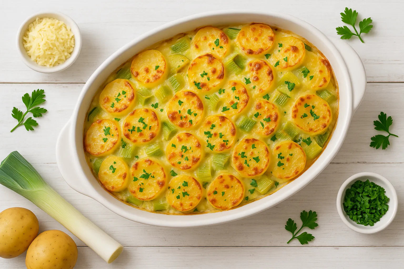 Porreeauflauf mit Kartoffelscheiben und Käsekruste in weißer Form auf hellem Holz
