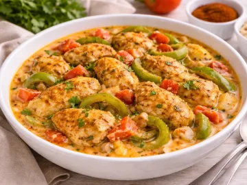 Hähnchentopf auf ungarische Art mit Hähnchenstücken, Paprika, Tomaten und cremiger Soße in weißer Schüssel auf hellem Holztisch.