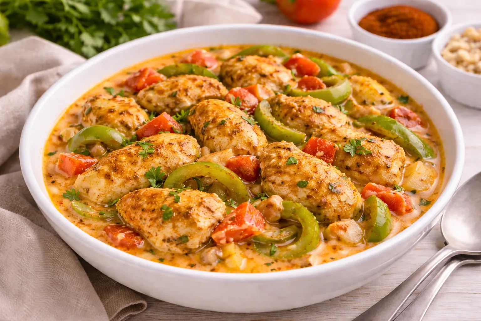 Hähnchentopf auf ungarische Art mit Hähnchenstücken, Paprika, Tomaten und cremiger Soße in weißer Schüssel auf hellem Holztisch.